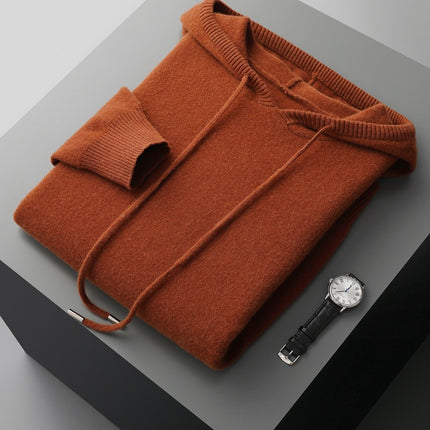 100 Pure Wool Sweater Men's Hoodie with Pocket Solid Color Loose Knitted Sweater Long Sleeve Hooded Sweater New Base Sweater