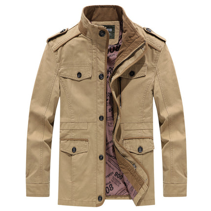 Cotton Jacket Men's Spring and Autumn Casual Loose plus size Medium and Long Army Green Workwear Jacket Multi-bag Price Controlled 148