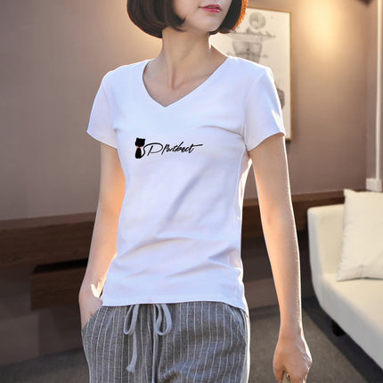 2025 New Summer White Short-Sleeved T-Shirt Women's V Neck Printed Korean Style Foreign Style Slim Shirt Simple Half-Sleeved