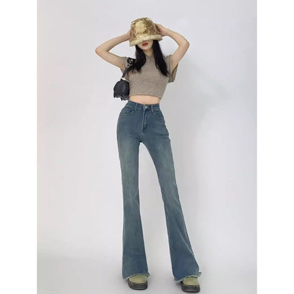 Vintage High Waist Slim Look Jeans Women's Trendy All-match New Autumn Slim-fit Hip Lace Micro Horn Long Pants