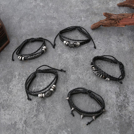 Cross-Border Hot-Selling European and American Jewelry Punk New Cowhide Buckle Bracelet Skull Beaded Leather Bracelet Jewelry