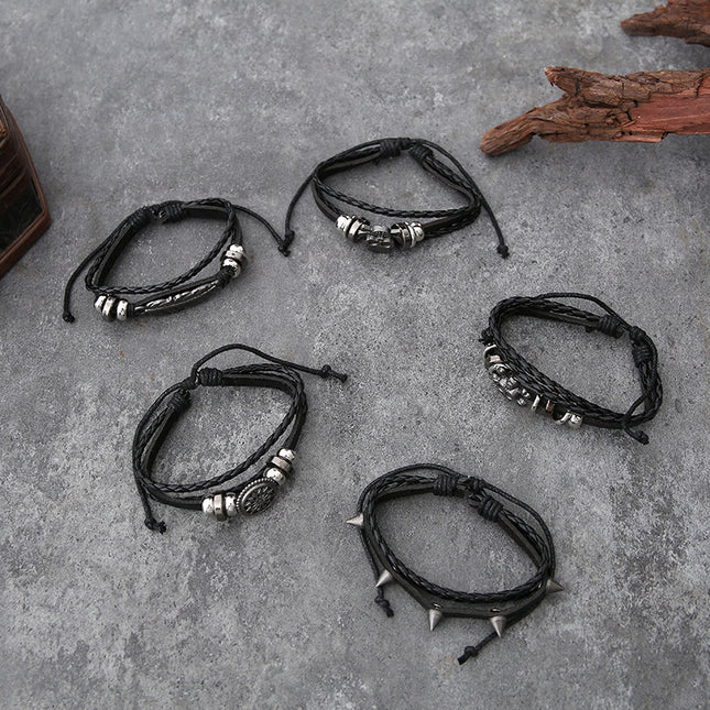 Cross-Border Hot-Selling European and American Jewelry Punk New Cowhide Buckle Bracelet Skull Beaded Leather Bracelet Jewelry