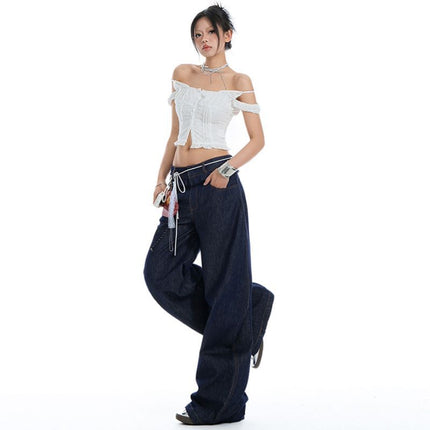 Spring 2025 New Arrival Ear-rimmed Double Waist American Style Spice Scimitar Pants Design Washed Slim Look Jeans Women