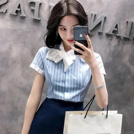 Front Desk Reception Work Wear High-End Business Attire Suit Women's Shirt Flight Attendant Stripesd Bow Business Attire Workwear