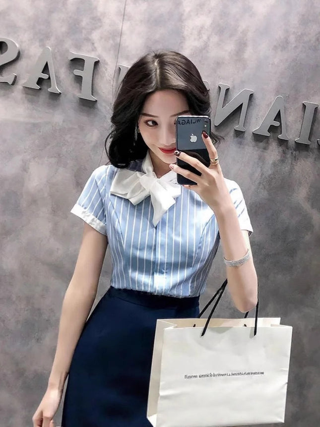 Front Desk Reception Work Wear High-End Business Attire Suit Women's Shirt Flight Attendant Stripesd Bow Business Attire Workwear