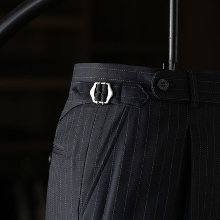 [Ruishen Apparel] Wool Blend Single-Pleat Striped Dress Pants for Business and Commuting, Slim Fit Naples Casual Trousers