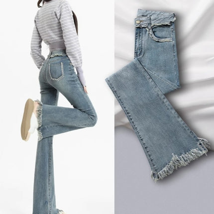 Burr-Edge Micro-Raise Jeans Women's Trendy All-Match New Explosive High-Waist Slim-Fit Horseshoe Trousers