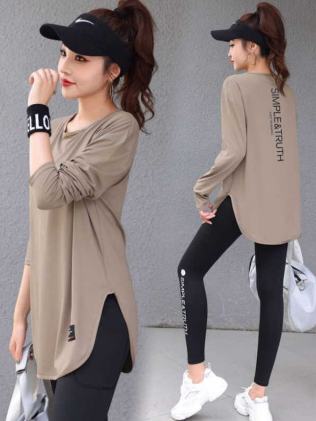 Mid-Length Hip-Covering Running Trendy Fitness Clothing Women's Tops Loose Belly-Covering Quick-Drying Yoga Large Size Spring and Autumn Clothing