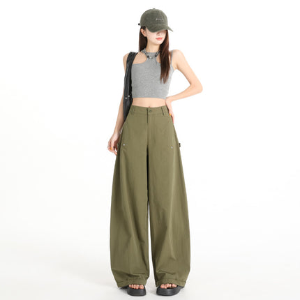 American-Style Curved Casual Pants for Women, Autumn New High Street Design, Loose and Slimming Floor-Length Cargo Denim Wide-Leg Pants