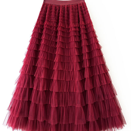 Sauze Skirt Women's Sweet Multi-Layer Cake Mesh Skirt light purple Elegant Elegant Elasticite Waist Princess A- Line Long Skirt