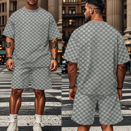2024 Cross-border Hot Chessboard Sports Leisure suit Amazon Hot Round Neck Short Sleeve Shorts for Men
