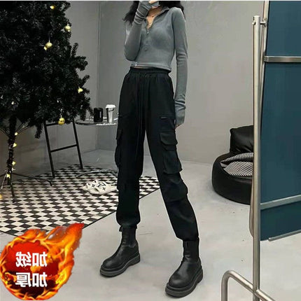 Women's Trendy Ins Street Style Winter Fleece-Lined Cargo Pants Hip-Hop Pants with Boots Jogger Pants