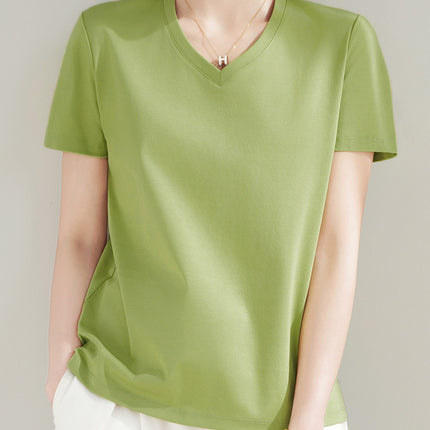 100 mercerized cotton short-sleeved T-shirt women's 2025 summer new V-neck cotton pullover vest cool feeling ice silk base