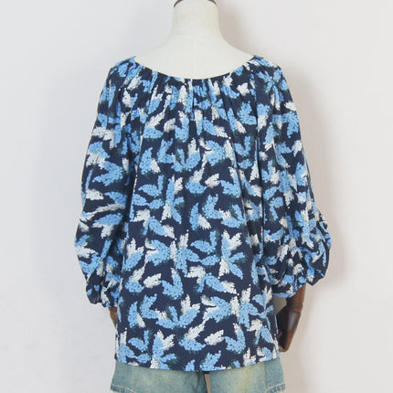 Off-shoulder French floral top women's washed cotton loose sweet off-shoulder holiday Women's cropped lantern sleeve shirt