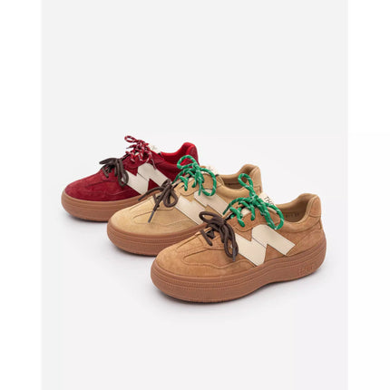 Genuine Leather Retro Thick-Soled German Training Shoes for Women, New Spring and Summer Style Red Casual Sneakers with Hidden Height Increase