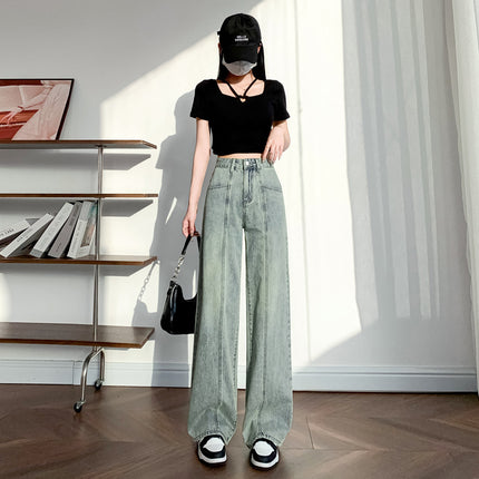Vintage Blue Wide-Leg Jeans for Women, Spring 2026 New High-Waisted Loose Slimming Floor-Length Straight Pants