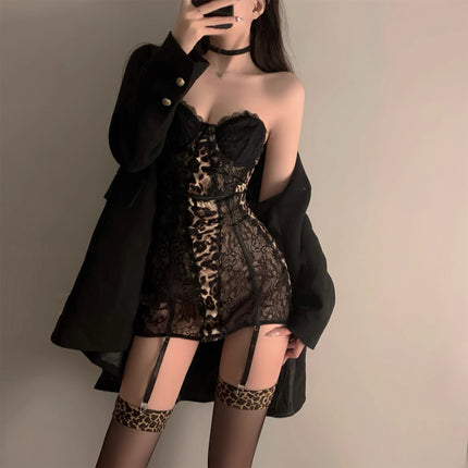 2026 New Sexy Hot Girl Halter Neck Lace Patchwork Leopard Print Tube Top Dress Low-Cut Hot Bodycon Nightgown for Women