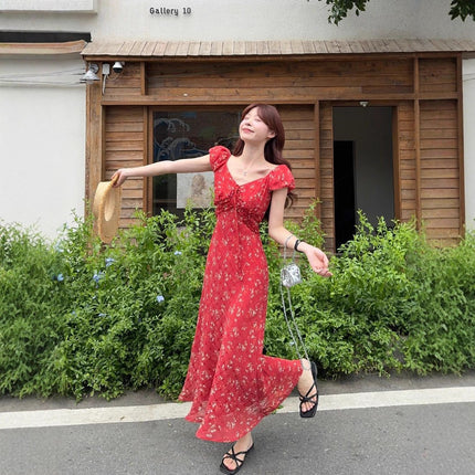 Designed Age-Reducing Floral Puff Sleeve Dress for Women Summer 2025 New Waist-Cinching Niche Korean A-Line Long Skirt