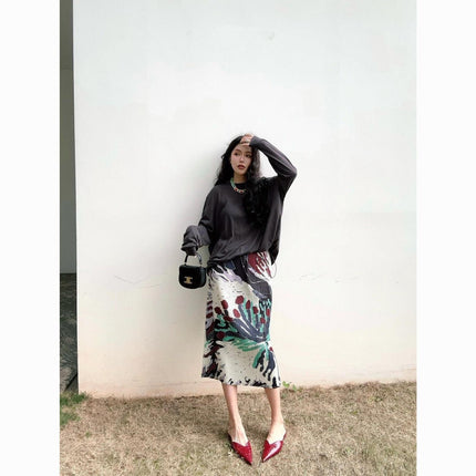 Skirt Retro 2024 New Skirt Women's Niche Design Print Slimming Tassel Pleated Pleated Skirt