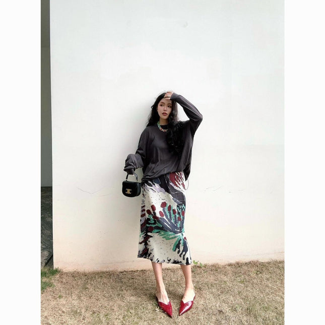 Skirt Retro 2024 New Skirt Women's Niche Design Print Slimming Tassel Pleated Pleated Skirt