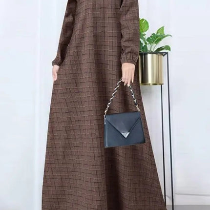 In-Stock Women's Cotton-Linen Vintage Long-Sleeve Plaid Round-Neck Floor-Length Dress Casual Loose Spring and Autumn Robe
