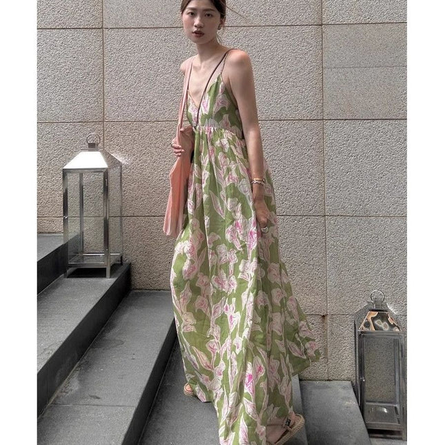 2025 New Summer Seaside Vacation Dress Printed Suspender Wear Women's Skirt Beach Skirt Women's One-Piece Drop Shipping
