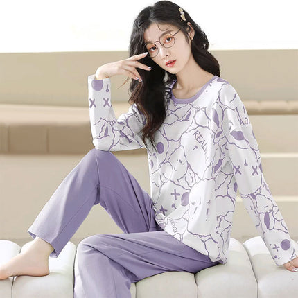 Spring and Autumn Imitation Cotton Pajamas Women's Long-sleeved suit Summer Round Neck Less Women's Home Clothes Cute Cartoon Outer Wear