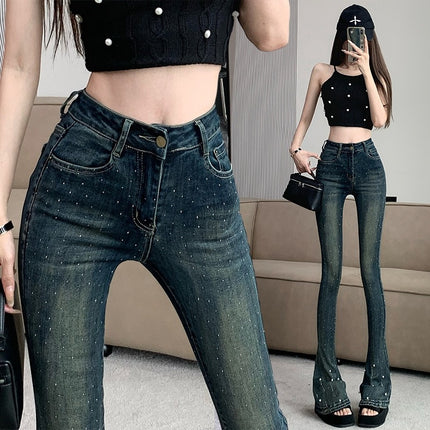 American Style Retro Horseshoe Jeans Women's Heavy-duty Beaded Hot Rhinestone High Waist Pants Stretch Tight-fit Mop Pants