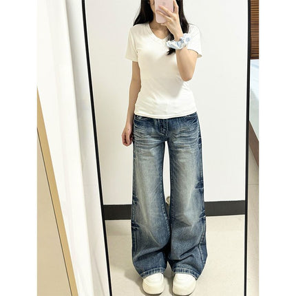 High-Waisted Slimming Jeans for Women 2025, Petite Floor-Length Wide-Leg Pants, Retro Blue