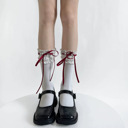 Pure Cotton Lolita Wide Lace Ribbon Gentle Town Sweet Pure Desire Women's Spring Bow Mid-Calf Socks Lolita Socks