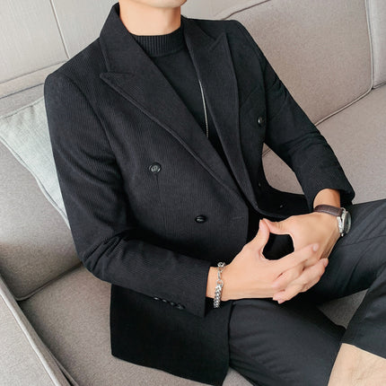 2025 New Corduroy Suit Men's Light Mature Business Double-breasted Striped Velvet Cloth Lunch Single Western Top Suit