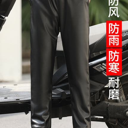 Men's Elastic Waist Spring and Summer Single Leather Pants Winter Velvet Thickeneded Loose Straight Leg Men's Takeaway Cycling Windproof and Warm