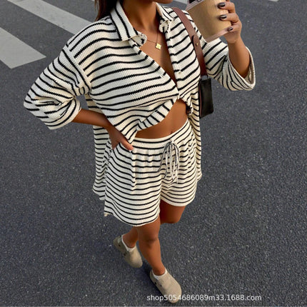 1293 Women's Spring and Summer Casual Comfortable Striped Short-Sleeve Regular Shirt and Decorative Tie Shorts for Women