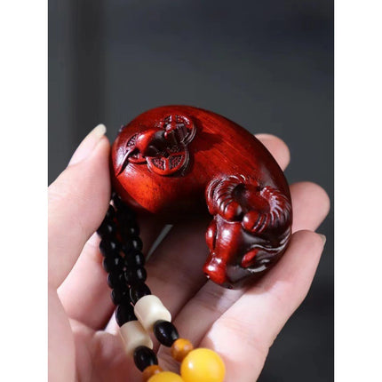 Lobular red sandalwood wood carving handle piece fortune pendant brave play piece text wealth pendant wood text play crafts