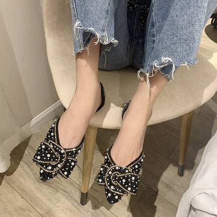 Flat Shoes for Women 2025 Spring and Summer New Retro Shallow Mouth Pointed Toe Soft Bottom Bean Shoes Bow Rhinestone Scoop Shoes