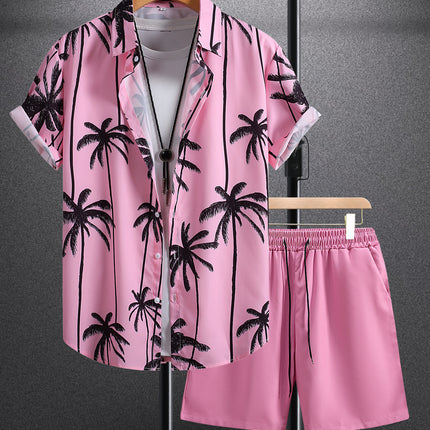 Men's Short-sleeved Shirt Lake Blue Black Powder Striped Printing Foreign Trade Men's Summer Casual 2025 New Cross-border Special