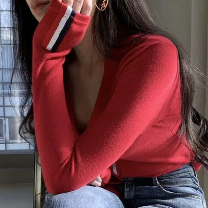 New Products from Dongdaemun, South Korea, Daily Recommendations, Sexy Low-Cut V-Neck, Figure-Flattering Long-Sleeved Cardigan T-Shirt, Slim Fit