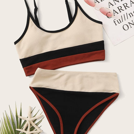 Sexy Color-Blocking European and American Cross-Border Amazon Strap Bikini Swimsuit for Women, Multi-Color Swimwear, Bandeau Fashion