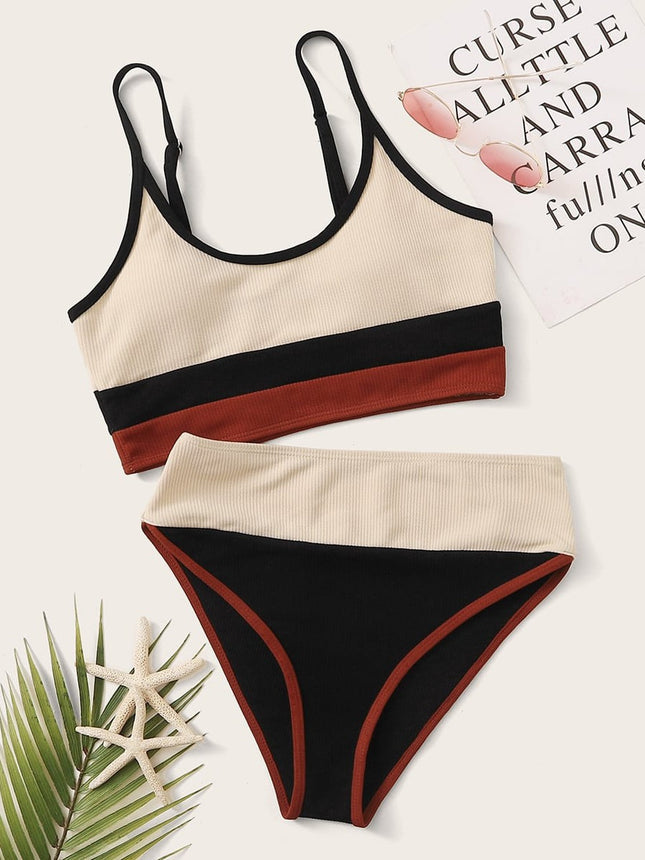 Sexy Color-Blocking European and American Cross-Border Amazon Strap Bikini Swimsuit for Women, Multi-Color Swimwear, Bandeau Fashion
