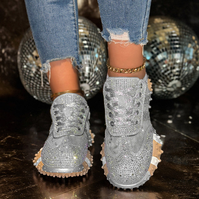 Dad Shoes for Women 2025 European Hot Style Shoes New Summer Breathable Flats Thick Sole Casual Sports Rhinestone Mesh Shoes