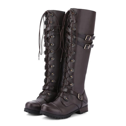 European and American Foreign Trade Leather Boots Round Head Belt Buckle Flat Boots Women's Autumn and Winter New Rivet Lace-up High Knights Boots