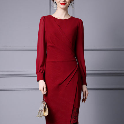 Zhilike Red Irregular Bodycon Wrap Dress, High-End Luxury Lace Patchwork Dress That Accentuates the Figure, Spring Collection