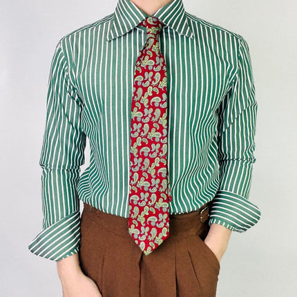 Green Striped Men's Long-Sleeve Shirt Business Pointed Collar High-Quality Vertical Stripe Curved Collar Versatile Slim-Fit Top