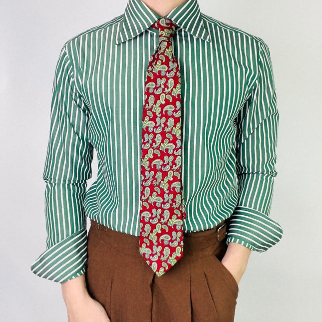 Green Striped Men's Long-Sleeve Shirt Business Pointed Collar High-Quality Vertical Stripe Curved Collar Versatile Slim-Fit Top