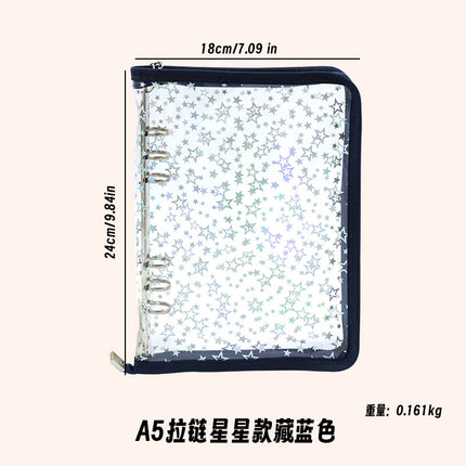 Japanese A5 Transparent Loose-leaf Black Glitter Zipper 6-hole Notebook Ins Style Star Chaser Ledger PVC Case