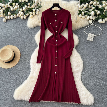 High-Quality 2025 Autumn Chanel-Style Private Wear for Socialites, Women's Knit Slit Dress with Round Neck and Bodycon Skirt