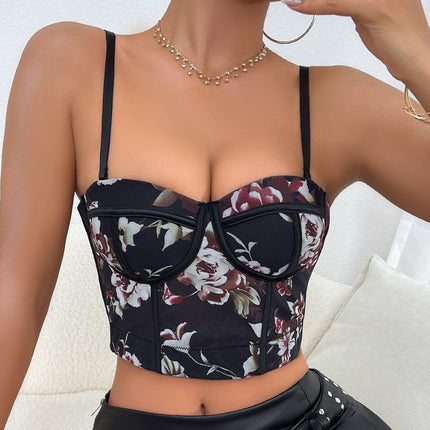 Cross-border New Sexy Spice Girl Stitching Flower Steel Ring Fishbone Vest Slim-fit Sling Chest Wrapping All-match Top for Women