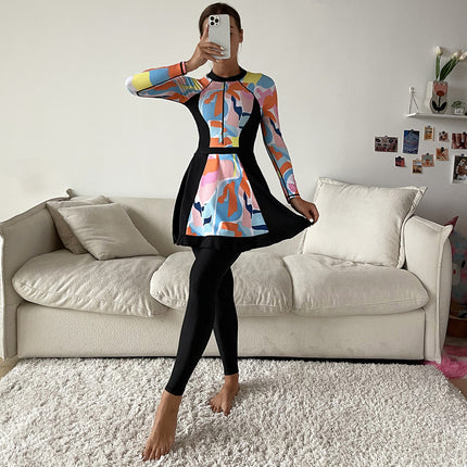 New Style Printed Long-Sleeved Conservative Full-Coverage Swimsuit Three-Piece Set Tight-Fitting Sun-Protective Hot Spring Swimwear