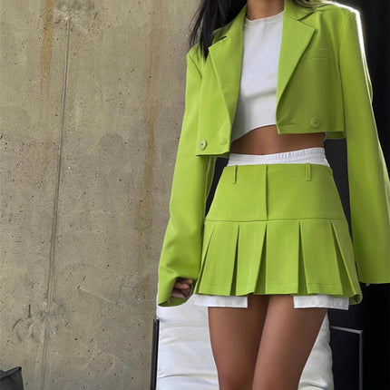Ins Amazon Hot Selling Women's Two-Piece Short Skirt Suit Double-Breasted Short Suit Jacket Pleated Mini Skirt