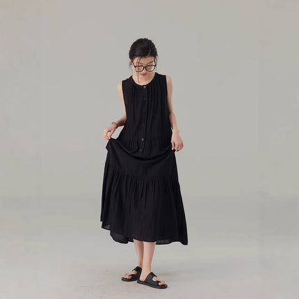 Black Lazy Style Ver Dress Women's 2025 Summer New Round Neck Sleeveless Loose A- line Dress Commuter Casual Long Dress